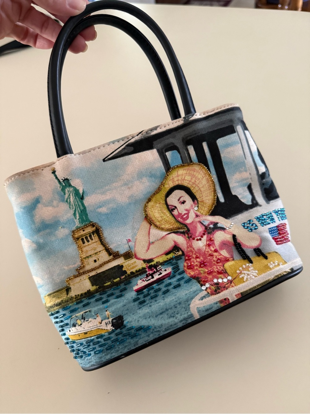 Canvas Tote Bag with Statue of Liberty Print - Multicolor